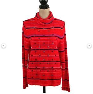Sigrid Olsen Sport Women TurtleNeck Sweater Sz Med Red Striped Button Detail